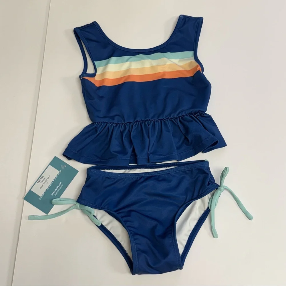 WILDLING NWT Camp Stripe Navy Tankini Set Girls 4T SW006B Orange Yellow Blue